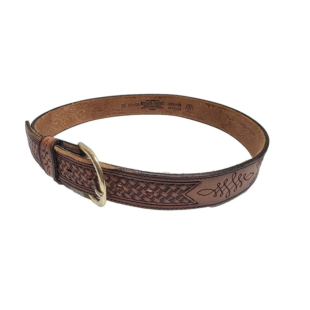 Silvercreek Collection Genuine Leather Belt Size 32 Basket Weave Brown Western